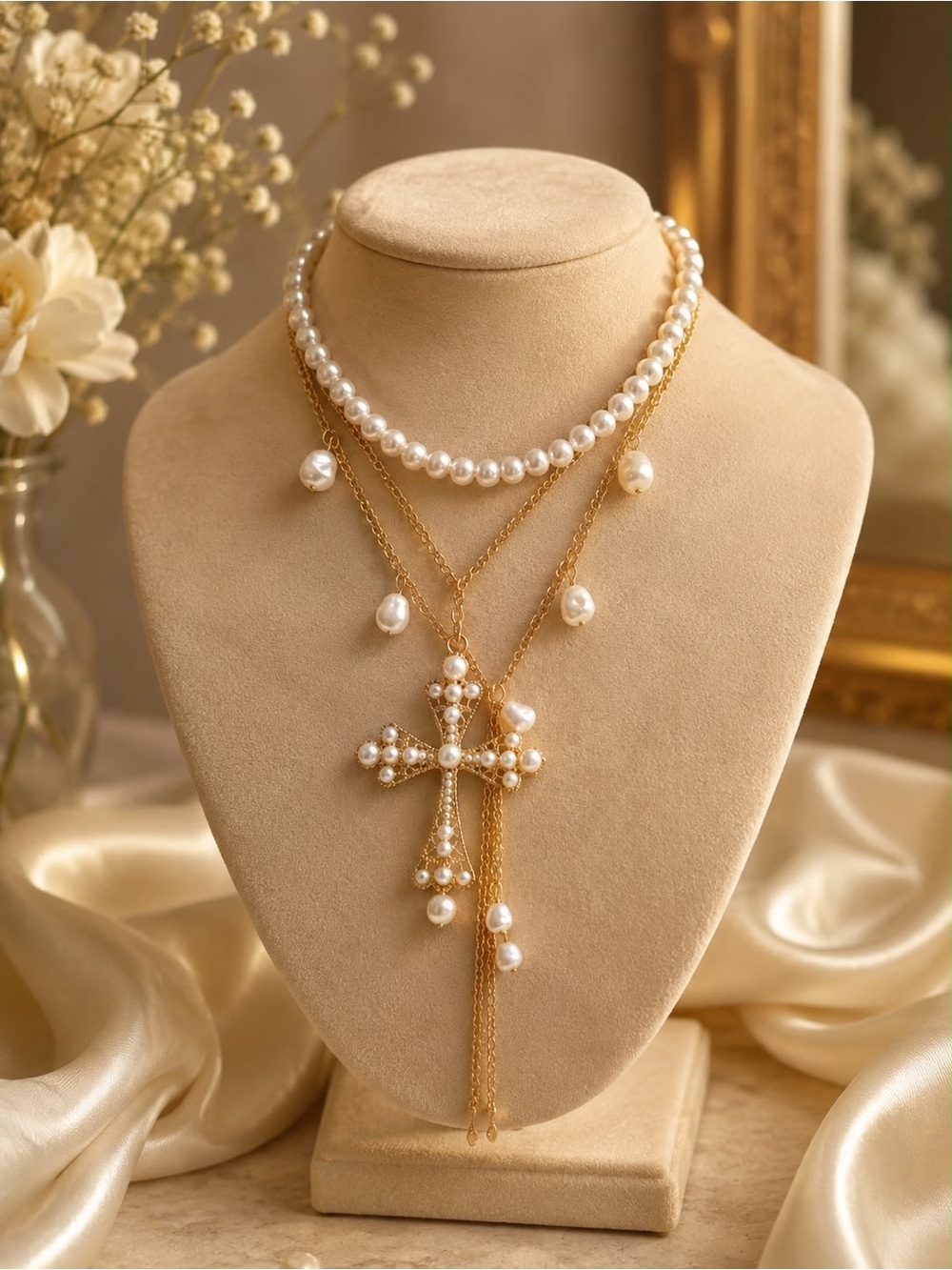 Gold Pearl Cross Layered Necklace Statement Jewelry for Women